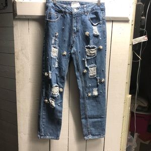 Midnight Muse Womens Distressed and Bedazzled Straight Leg Jeans Size 27 Regular